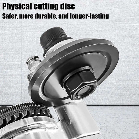 Close-up of Drill Nibbler Sheet Metal Cutting Tool Attachment showing physical cutting disc for electric drills and impact drills.