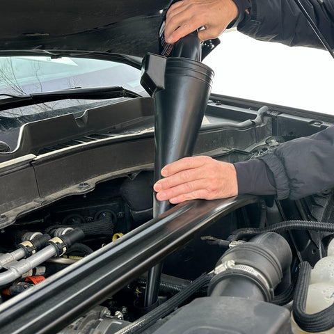 Person using Big Fifteen Point Five Quart Oil Drain Pan With Easy Pour Spout And 18 Inch Mechanics Funnel Kit For Auto Fluids
