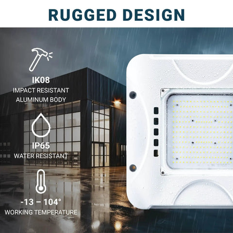LED Canopy Light 150W 0-10V Dimmable 100-277V IP65 Waterproof ETL Listed 5700K Daylight with rugged design details