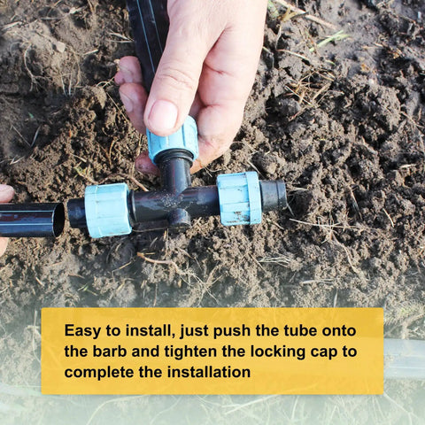 Hands installing 10 Pack Drip Irrigation Barbed Locking Fittings For 5/8 Inch (16mm) Tubing, 3 Way Tee Coupling on soil