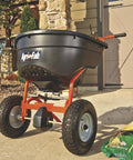 Push Broadcast Spreader 130 Lb Hopper Capacity Easy To Use Direct Rod Control 10 To 12 Ft Spread Width 13 Inch Pneumatic Tires