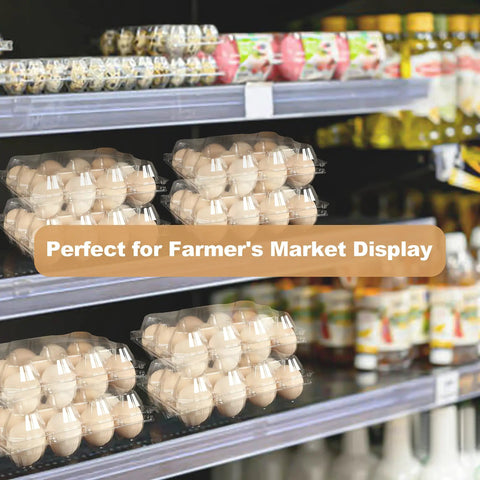 Clear Plastic Egg Cartons 50 Pack For 12 Eggs Each on store shelf, ideal for farm markets display