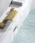 Waterfall Tub Faucet With 3 Hole Deck Mount Brushed Gold Finish For Roman Tubs High Flow 14.19 GPM At 60 PSI Delivers Dramatic Spa Vibe