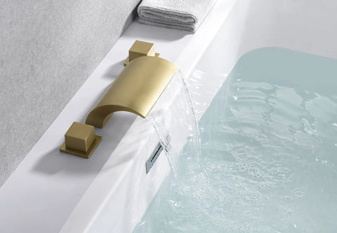 Waterfall Tub Faucet With 3 Hole Deck Mount Brushed Gold Finish For Roman Tubs High Flow 14.19 GPM At 60 PSI Delivers Dramatic Spa Vibe