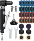 Heavy Duty Right Angle Air Die Grinder Kit 37 Piece Set With 1 4 And 1 8 Inch Collets includes grinder, discs, and tools.