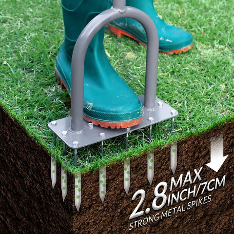 Manual Lawn Aerator Spike Tool With 15 Iron Spikes in use, illustrating soil penetration and aeration depth for healthy lawns.