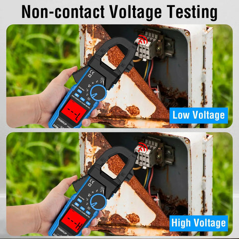 All In One Handy Clamp Meter Multimeter testing low and high voltage with non-contact voltage feature in use