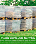 Battle Tested Heavy Duty Clear Pallet Covers 78X155 Inch 2Mil Polyethylene Workhorse Bags covering stacked pallets outdoors.