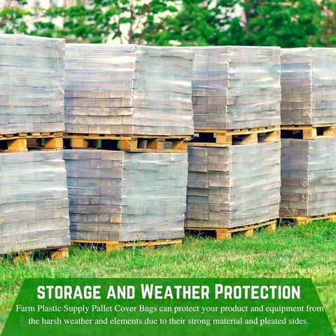 Battle Tested Heavy Duty Clear Pallet Covers 78X155 Inch 2Mil Polyethylene Workhorse Bags covering stacked pallets outdoors.