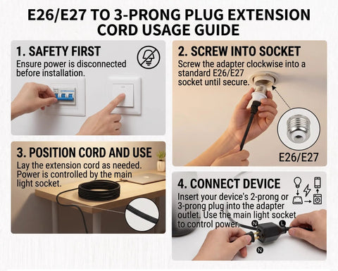 Outdoor Motion Sensor Light Socket To Outlet Adapter With About 3 Ft Extension Cord E26 Screw Base IP44 Waterproof Auto Detect PIR Switch Turns Porch Lights On When Motion Is Detected And Off When No Movement. usage guide for E26/E27 socket adapter with 3 ft cord