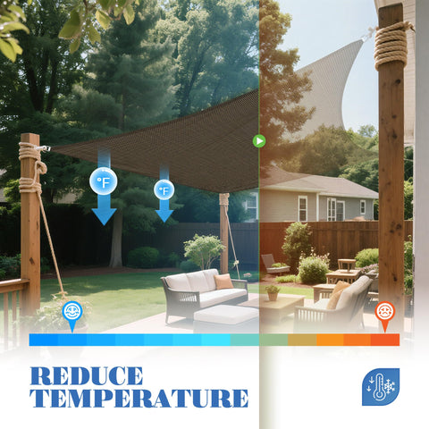 7 By 10 Ft Sun Shade Sail Rectangle Canopy For Your Outdoor Patio Pergola Backyard Garden 180GSM HDPE Fabric with 95 Percent UV Block. Brown canopy over patio furniture showing shaded and sunny comparison.