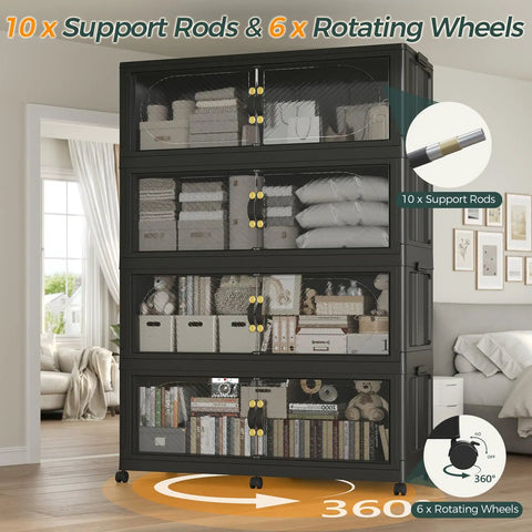 Front view of Beefy 1600 Qt Extra Large Stackable Storage Bins With Lid 400 Gal Plastic Closet Organizers And Drawer System Collapsible Cabinet Box With Wheels And Clear Doors 5 Pack Black showcasing storage use.