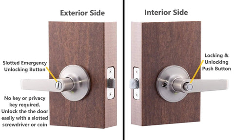 Privacy Lever Door Handle With Push Button Lock, Reversible For Left Or Right Hinging, ANSI Grade 3 Security, shown on interior and exterior sides