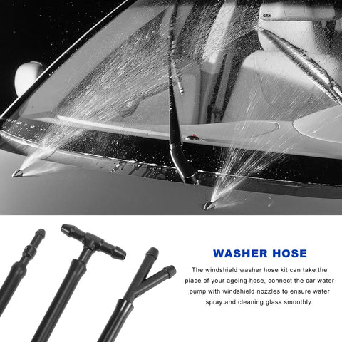 Dead Straight Four Meter Windshield Washer Hose Kit With Twelve Secure Gaskets And Tough Rubber Wiper Fluid Tubing That Handles Daily Spraying Without Any Drama For Stress Free Auto Upkeep spraying water on windshield with nozzle detail