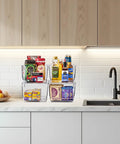 Stackable Open Front Storage Bins For Kitchen And Pantry Organization Clear Pantry Organizer Bins Medium Set Of Four Easy Grab Bins For Fridge Cabinets And Shelves displayed on a countertop filled with kitchen items.