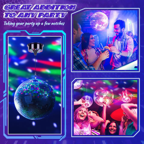 8 Inch Hanging Disco Ball With Motor And Light 6 RPM Rotating Mirror Ball Featuring 4 RGBW Colors And 18 LEDs on display