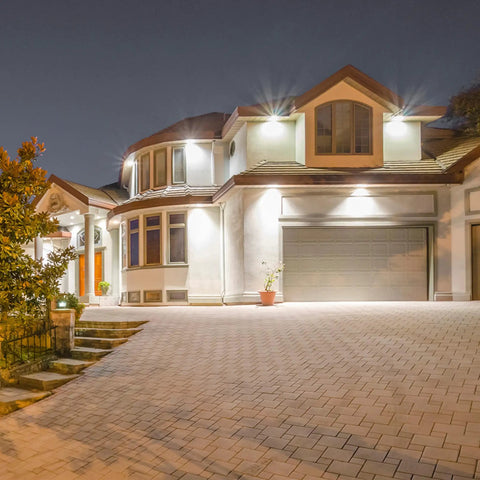 Modern house exterior lit by Bright A21 LED Bulb 200W Equivalent 3050 Lumens 5000K Daylight E26 Base High Output Non Dimmable Damp Rated