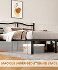 Heavy Duty Queen Bed Frame With Curved Headboard Noise Free Metal Platform Built Like A Tank With Sturdy Steel Slats For Clean Setup And Quiet Vibes Anywhere showing spacious under-bed storage.
