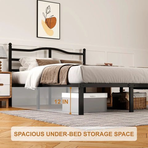 Heavy Duty Queen Bed Frame With Curved Headboard Noise Free Metal Platform Built Like A Tank With Sturdy Steel Slats For Clean Setup And Quiet Vibes Anywhere showing spacious under-bed storage.