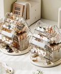 Sturdy Clear Swivel Makeup Organizer, 360 Slick Spin Lazy Susan Tray For Vanities with beauty items displayed.
