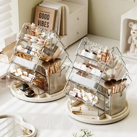 Sturdy Clear Swivel Makeup Organizer, 360 Slick Spin Lazy Susan Tray For Vanities with beauty items displayed.
