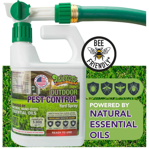 Natural Outdoor Pest Control Yard Spray With Essential Oils Kills On Contact Mosquitoes Ants Fleas Ticks Gnats And More Provides Killer Repellent Power For A Safer Backyard Safe Around Kids And Pets 32 Oz, with hose attachment
