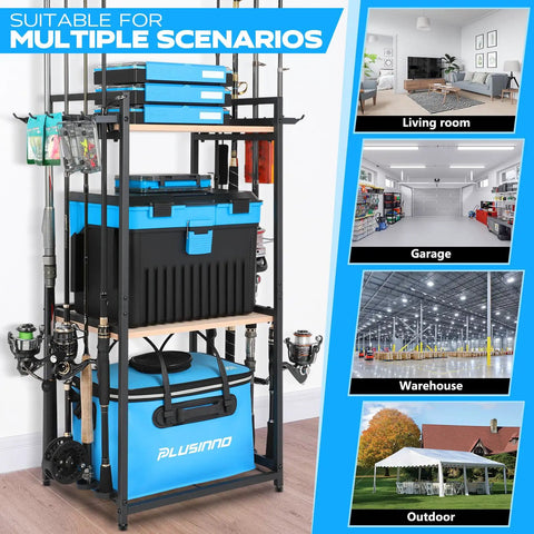 Image of Three Tier Fishing Rod Holder Rack For Garage Up To Eight Rods And Gear Organizer, shown in various scenarios: living room, garage, warehouse, outdoor.