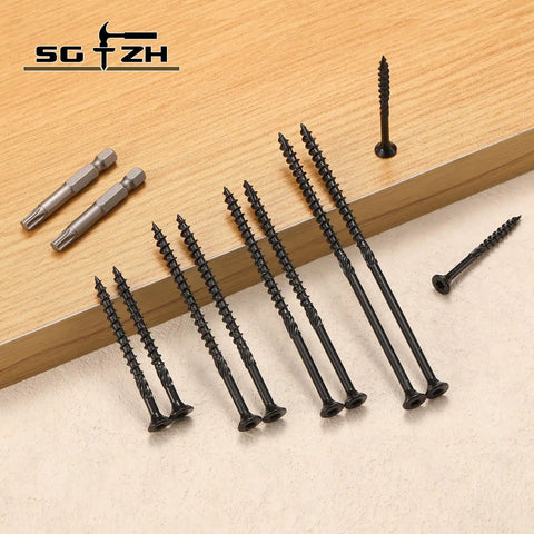 No. 8 X 1-1/4 Inch Deck Screws Set, 398 Pieces, 2 Pound Carbon Steel, Black Epoxy Coated, Flat Head, Rust Resistant, Torx T25 Bit Included