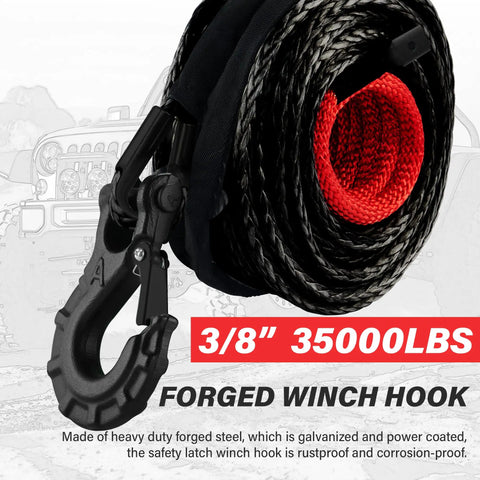 3/8 Inch Synthetic Winch Rope Kit 92 Foot With 27000 Lbs Strength Protective Sleeve Heavy Duty Hook And Safety Pull Strap For Off Road 4x4 Vehicles For All Off Road Adventures, 3/8 inch 35000 lb forged winch hook