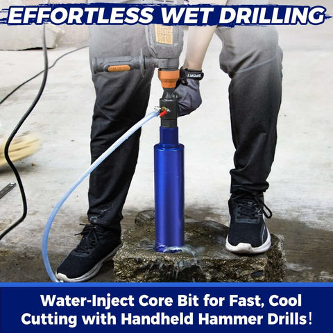 Blue DaduoRi 2-1/2 in pro core drill bit with water-injection adapter and hose kit, side view