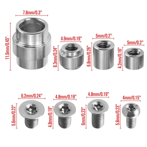 Heavy Duty Titanium Screw Pivot Upgrade Kit With Lanyard Tube Standoff Spacer And Blade Stop Hardware showing titanium components and dimensions.