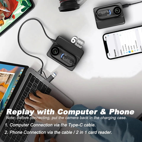 4K Mini Body Camera With 6 Axis Stabilization 128GB Built In Memory Waterproof Wearable Action Cam connected to laptop and phone