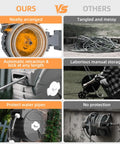 Comparison of retractable garden hose reel half-inch by 82 feet with 7 function sprayer nozzle versus traditional hose storage.