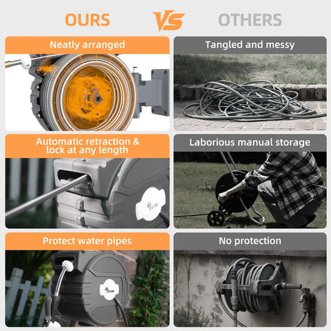Comparison of retractable garden hose reel half-inch by 82 feet with 7 function sprayer nozzle versus traditional hose storage.