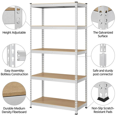 Badass 5 Tier Metal Storage Shelving Unit Heavy Duty Steel Rack With Rock Solid MDF Shelves Silver Color Super Tough Organizer For Garage Closet Home Use 72 Inch Height Nuke Clutter With Game Changing Storage Power