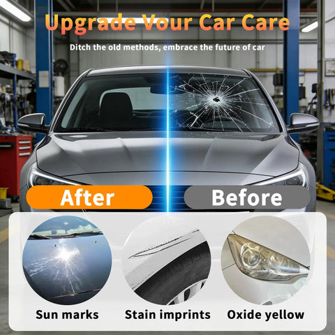 Windshield Crack Repair Kit For Cars And Glass Surfaces Quick Fix For Cracks That Stops Propagation Fast DIY Window Repair Liquid Easy To Use Glass And Mirror Repair Solution 1 Pack demonstrating before and after results on car windshield in garage backdrop.