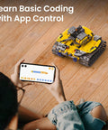 Child controlling yellow tank from 5 In 1 Buildable Robot Kit With Remote Control For Kids Ages 8 To 13, Awesome STEM Coding Toys