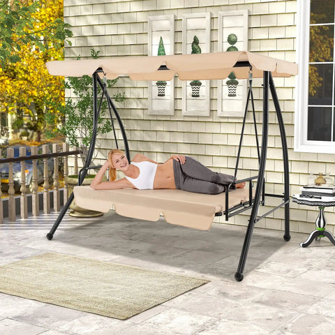 2 In 1 Convertible Porch Swing Bed With Adjustable Canopy And Removable Cushions Solid Metal Frame For Backyard