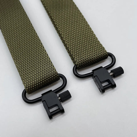 Rock Solid All Metal Sling Swivels 1 Inch Two Point Attachment Clips For Rifle And Shotgun Featuring Silent Tri Lock Quick Release Hardware No Hassle Plug Play Setup Guaranteed Sweet Fit Pack Of 2 green nylon straps with black clips