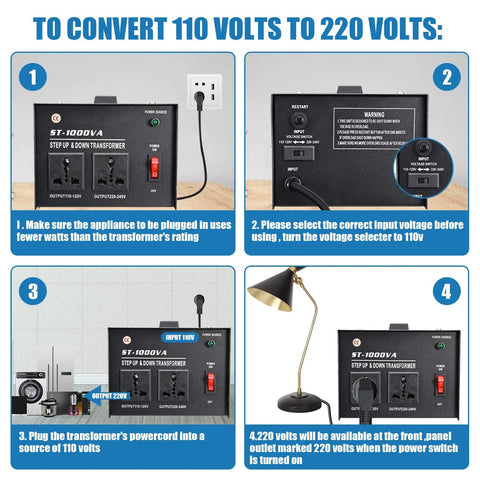 Instructions for using Beast 1000 Watt Step Up And Step Down Voltage Converter, displayed in four steps with images.