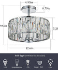 Sleek Modern Crystal Semi Flush Mount Chandelier With 12.6 Inch Round Drum Shade, 3 Light E12 Ceiling Fixture In Chrome Finish.