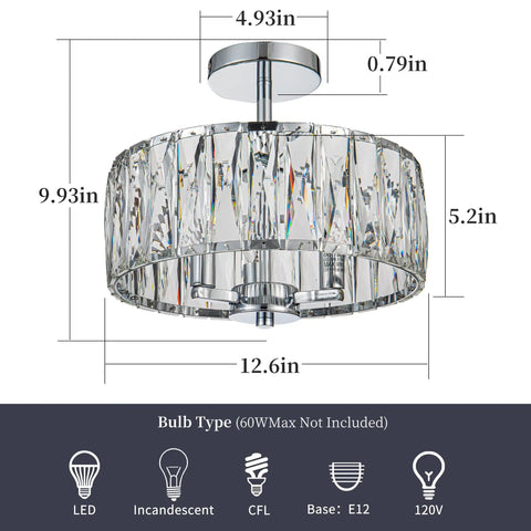Sleek Modern Crystal Semi Flush Mount Chandelier With 12.6 Inch Round Drum Shade, 3 Light E12 Ceiling Fixture In Chrome Finish.