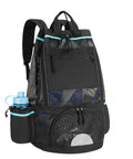 XL Scuba Dive Backpack With Wet Dry Separation And Large Mesh Gear Bag For Snorkeling Gear Mask Fins Snorkel Shoe Compartment Wetsuit BCD Dry Storage Easy Access Black, showing water bottle pocket on the side.