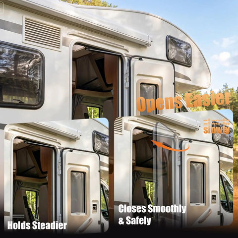 Heavy Duty Gas Struts 21.4 Inch 2 Pack 25 Lb Lift Supports For Rv Doors, showing smooth operation at RV entrance.