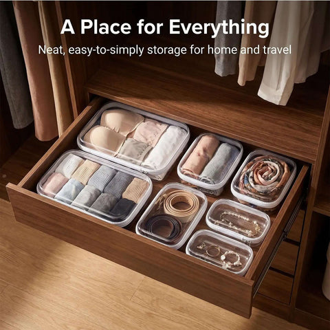 Clear Hard Shell Makeup Pouch Set in a drawer, showcasing transparent organizers for undergarments and accessories.