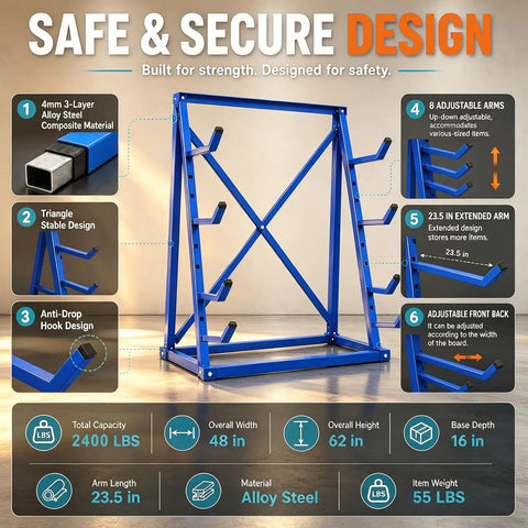 Workhorse Heavy Duty Lumber Storage Rack With Adjustable Arms And Beefy Alloy Steel Build For Stashing Pipes And Rebar Up To 2400 Pounds Without Breaking A Sweat