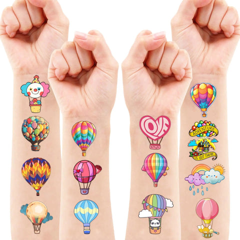 Hot Air Balloon Themed Temporary Tattoos Set For Kids 96 Pcs Pre Cut Stickers, Kid Approved Birthday Party Supplies For Boys And Girls
