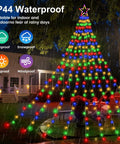 Outdoor Christmas Star Lights 11.5 Foot String With 317 LEDs Multicolor 8 Modes And Timer illuminating a yard scene