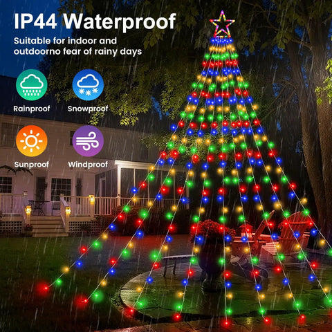 Outdoor Christmas Star Lights 11.5 Foot String With 317 LEDs Multicolor 8 Modes And Timer illuminating a yard scene