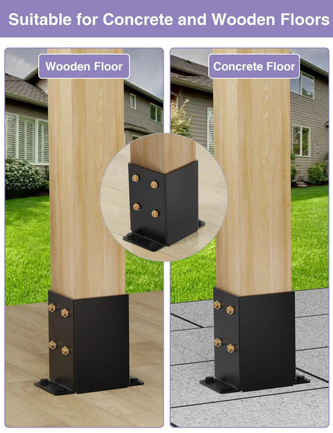 2 Pack Heavy Duty 4x4 Post Base Bracket Set With Anti Corrosion Coated 13GA Solid Steel Inner Size 3.5x3.5 Inches on wood and concrete